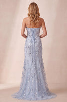 Laden Sie das Bild in den Galerie-Viewer, Staubiges blaues Scheiden-Pailletten-Trägerloses Seitenschlitz langes formelles Kleid mit 3D-Blume