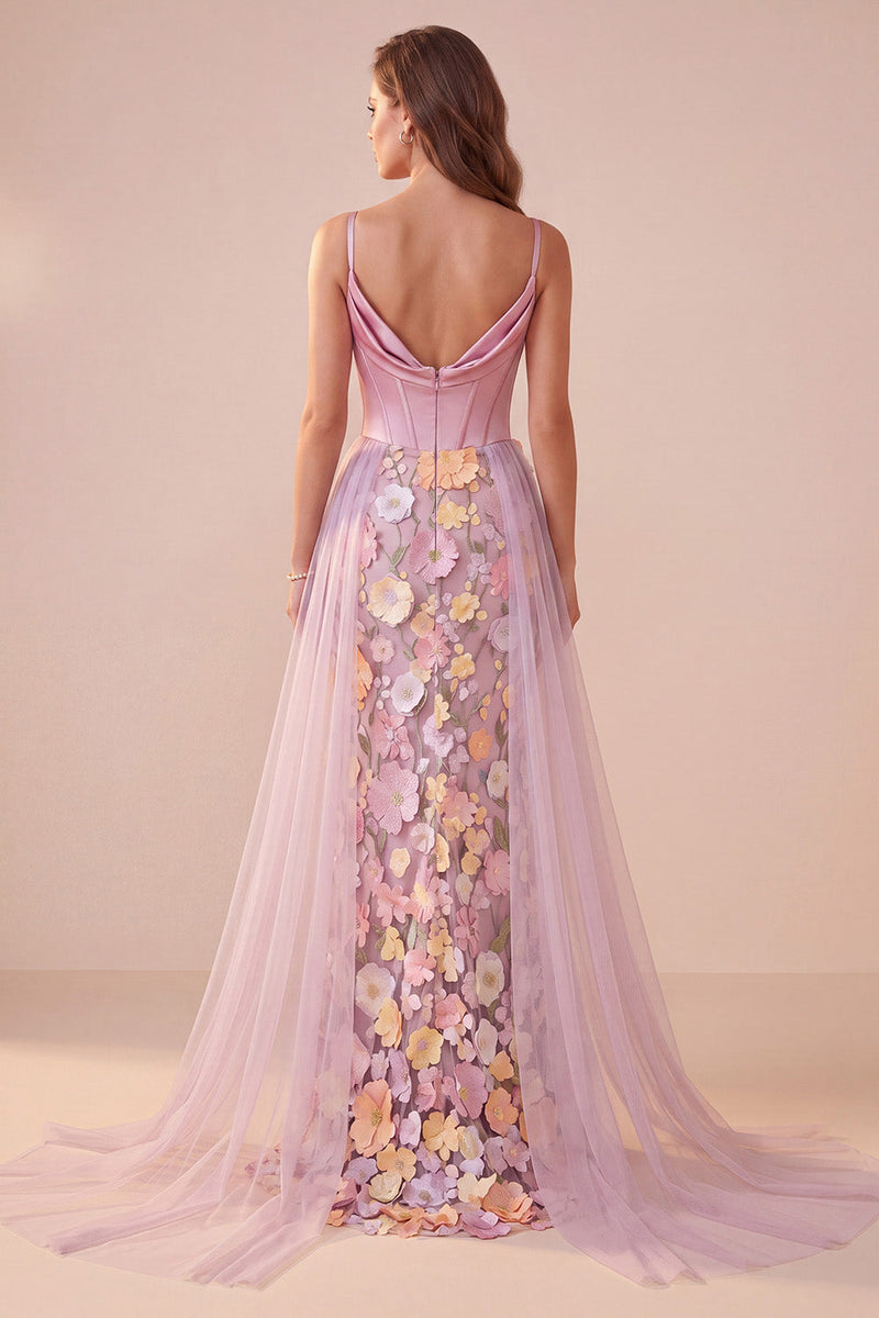Laden Sie das Bild in den Galerie-Viewer, Rosa Korsett, Meerjungfrauen-Cowl-Neck, Blumenapplikationen, Satin-Maxi-Formelkleid mit Schlitz