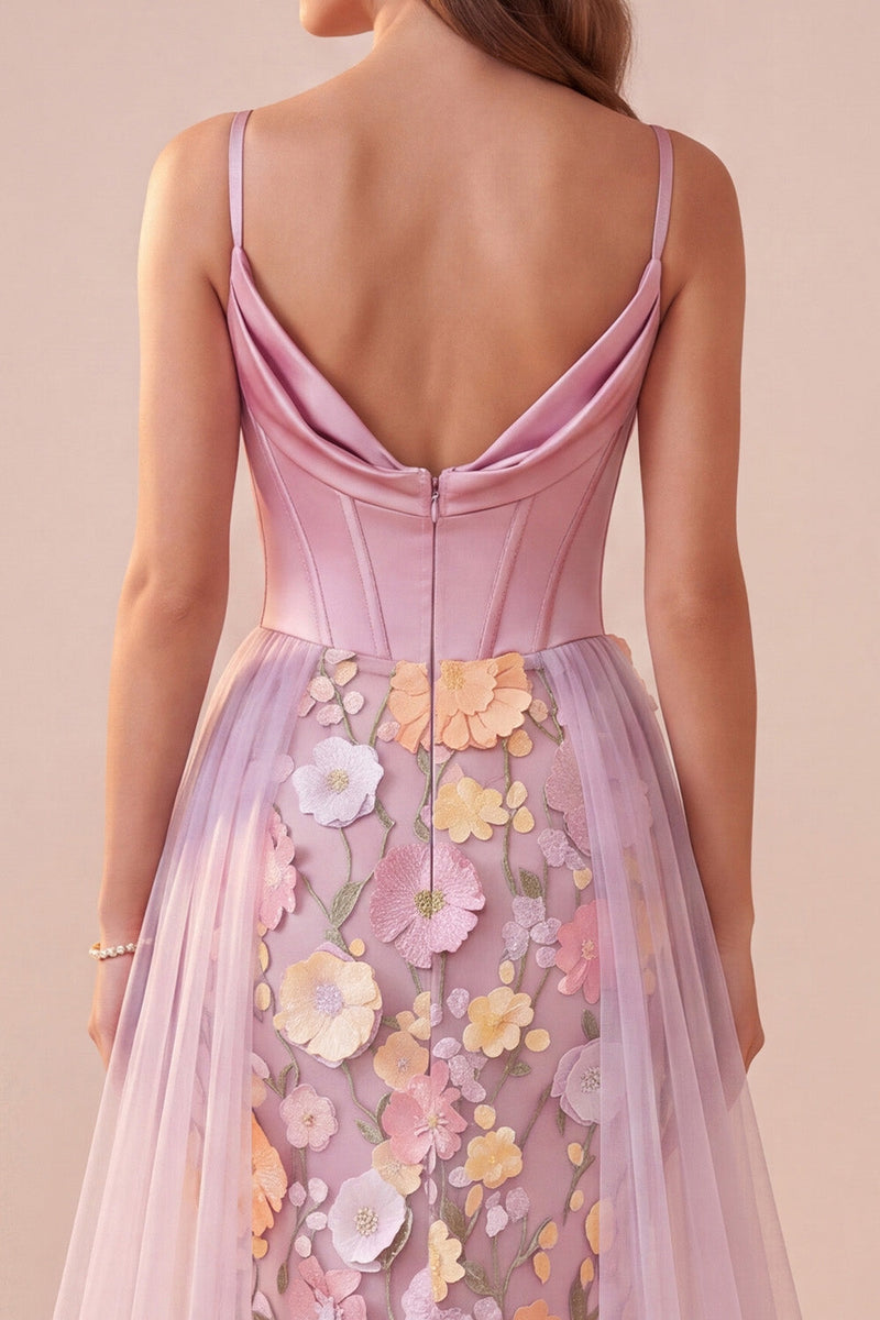 Laden Sie das Bild in den Galerie-Viewer, Rosa Korsett, Meerjungfrauen-Cowl-Neck, Blumenapplikationen, Satin-Maxi-Formelkleid mit Schlitz