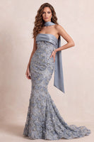 Laden Sie das Bild in den Galerie-Viewer, Staubiges blaues Meerjungfrauen-Trägerloses Fransen-Lock-Formelkleid