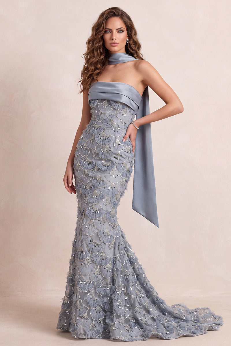 Laden Sie das Bild in den Galerie-Viewer, Staubiges blaues Meerjungfrauen-Trägerloses Fransen-Lock-Formelkleid