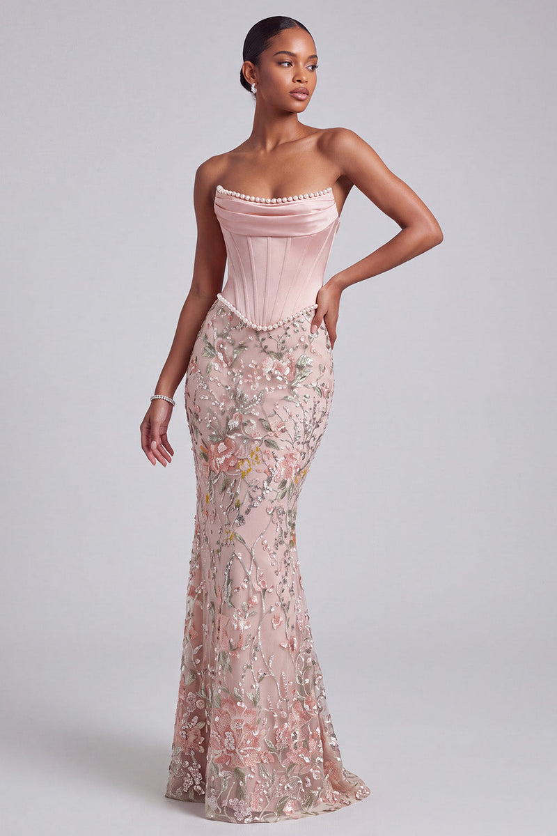 Laden Sie das Bild in den Galerie-Viewer, Rosa Korsett Meerjungfrauen Trägerloses Satin Pailletten Besticktes Abschlussballkleid mit Perlen