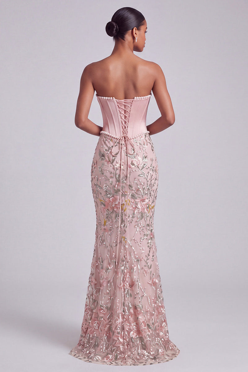 Laden Sie das Bild in den Galerie-Viewer, Rosa Korsett Meerjungfrauen Trägerloses Satin Pailletten Besticktes Abschlussballkleid mit Perlen