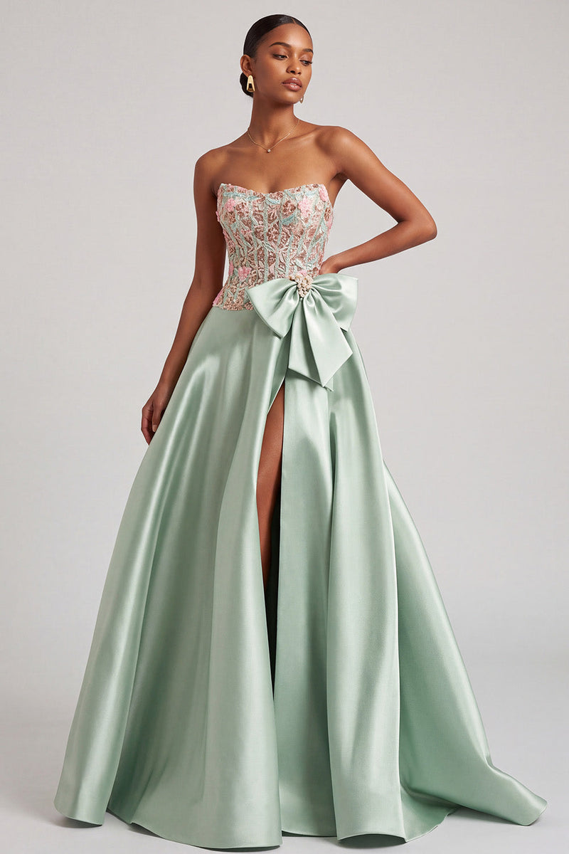 Laden Sie das Bild in den Galerie-Viewer, Grünes Korsett A-Linie Trägerloses Satin Applikation Abschlussballkleid mit Schleife und Schlitz