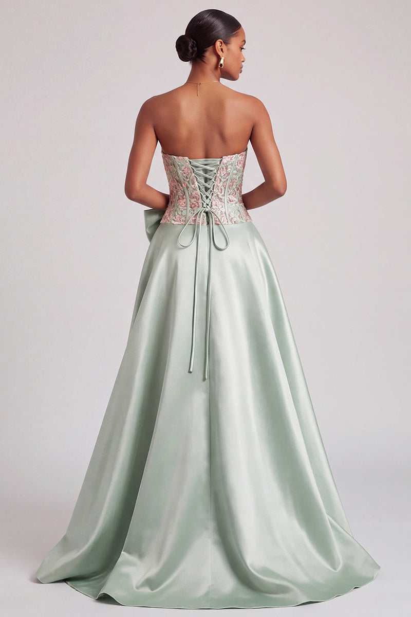 Laden Sie das Bild in den Galerie-Viewer, Grünes Korsett A-Linie Trägerloses Satin Applikation Abschlussballkleid mit Schleife und Schlitz