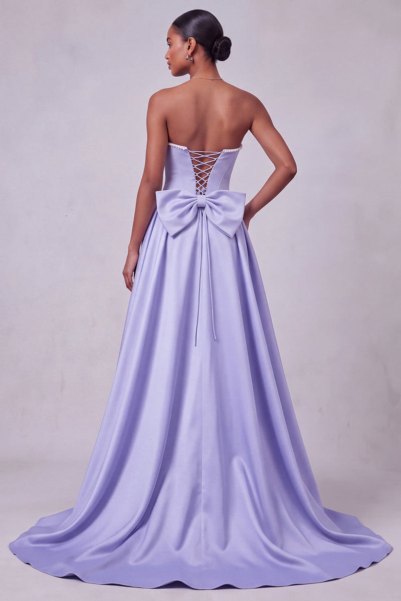 Laden Sie das Bild in den Galerie-Viewer, Lavendel Korsett Meerjungfrau Trägerloses Satin Perlen Pailletten Stickerei Abschlussballkleid mit Schleife