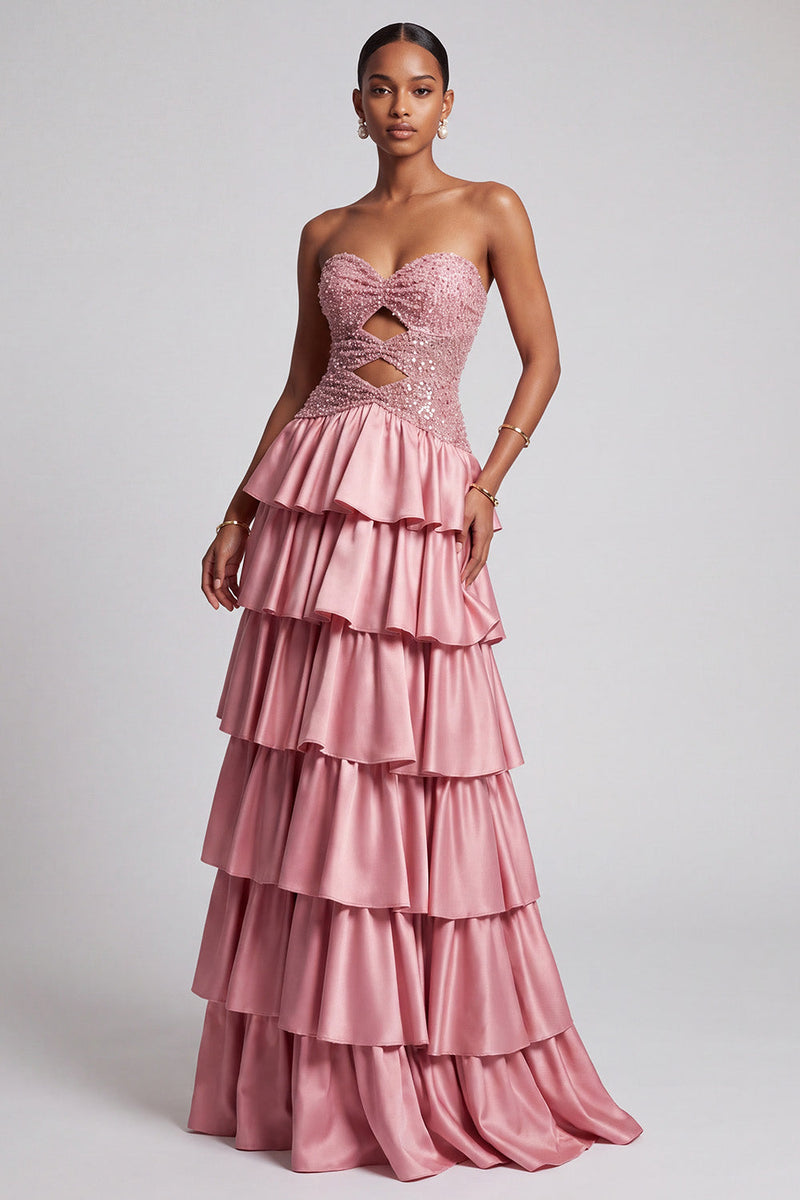 Laden Sie das Bild in den Galerie-Viewer, Dusty Rose Trägerloses Cut-out Gestuftes Rüschendes Pailletten Langes Abschlussballkleid