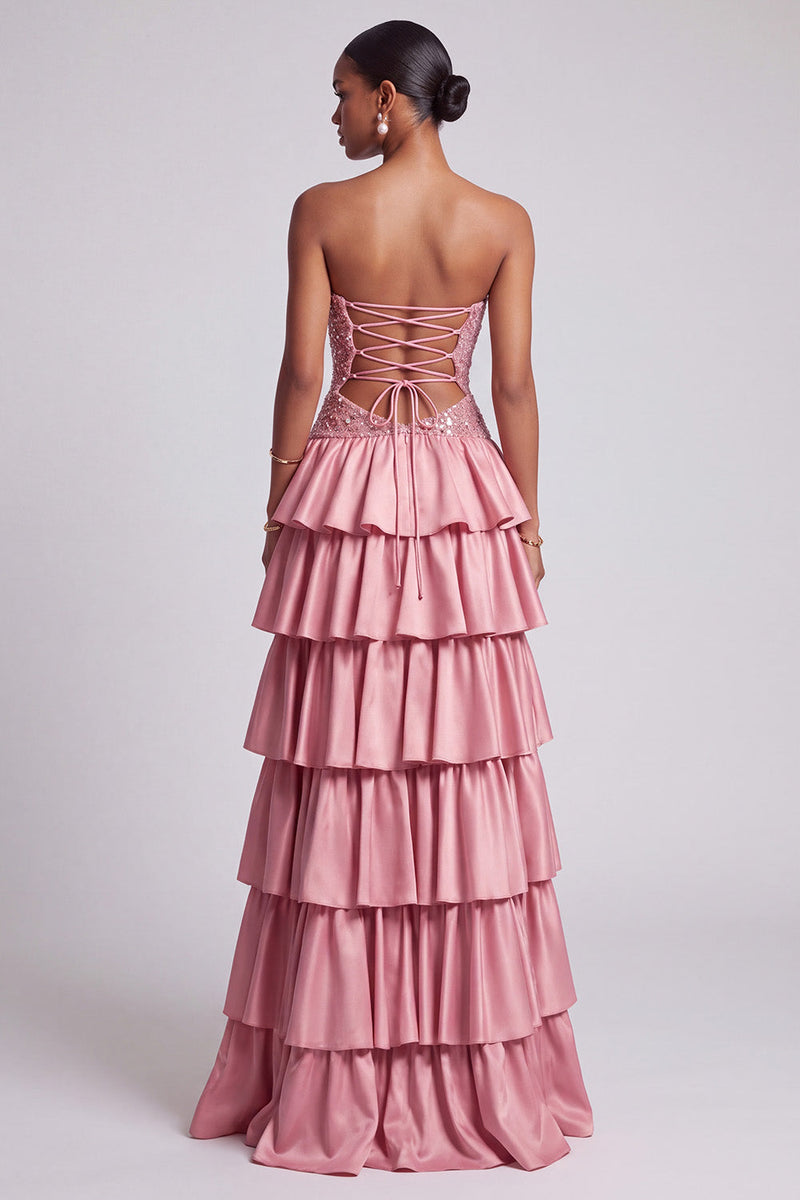 Laden Sie das Bild in den Galerie-Viewer, Dusty Rose Trägerloses Cut-out Gestuftes Rüschendes Pailletten Langes Abschlussballkleid