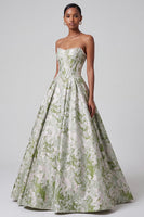 Laden Sie das Bild in den Galerie-Viewer, Salbeigrünes Korsett Ballkleid Trägerloses Jacquard Langes Ballkleid mit Perlen