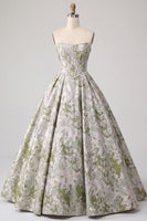 Laden Sie das Bild in den Galerie-Viewer, Salbeigrünes Korsett Ballkleid Trägerloses Jacquard Langes Ballkleid mit Perlen