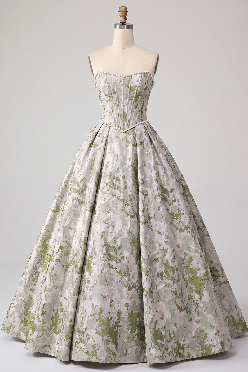 Laden Sie das Bild in den Galerie-Viewer, Salbeigrünes Korsett Ballkleid Trägerloses Jacquard Langes Ballkleid mit Perlen