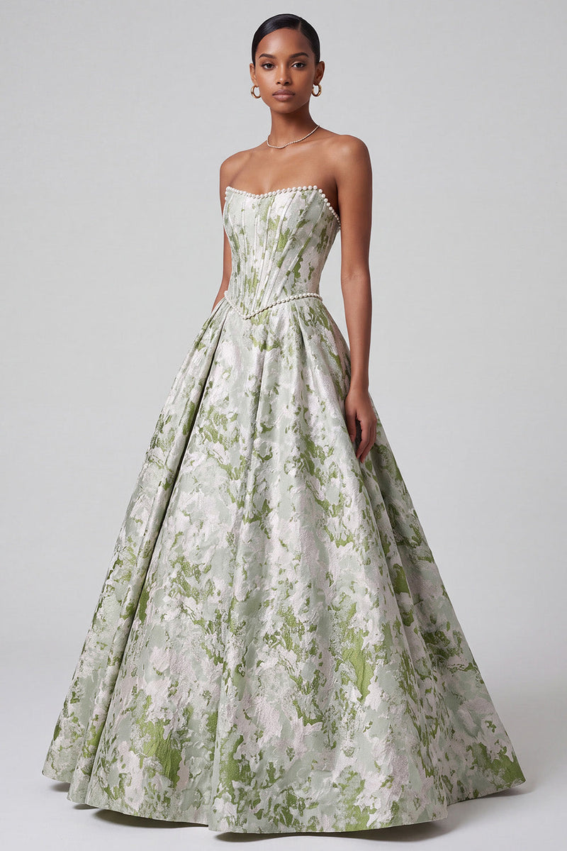 Laden Sie das Bild in den Galerie-Viewer, Salbeigrünes Korsett Ballkleid Trägerloses Jacquard Langes Ballkleid mit Perlen