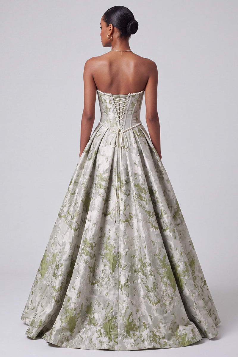 Laden Sie das Bild in den Galerie-Viewer, Salbeigrünes Korsett Ballkleid Trägerloses Jacquard Langes Ballkleid mit Perlen