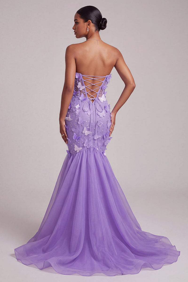 Laden Sie das Bild in den Galerie-Viewer, Lila Korsett Transparentes Meerjungfrauen Trägerloses Langes Ballkleid mit 3D-Schmetterlingsapplikationen