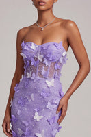 Laden Sie das Bild in den Galerie-Viewer, Lila Korsett Transparentes Meerjungfrauen Trägerloses Langes Ballkleid mit 3D-Schmetterlingsapplikationen