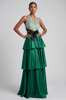 Laden Sie das Bild in den Galerie-Viewer, Dunkelgrünes A-Linie Halter Gestuftes Gerüschtes Satin Ballkleid mit Fransen und Schleife