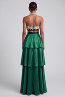Laden Sie das Bild in den Galerie-Viewer, Dunkelgrünes A-Linie Halter Gestuftes Gerüschtes Satin Ballkleid mit Fransen und Schleife