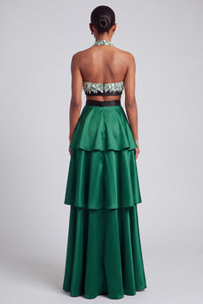 Dunkelgrünes A-Linie Halter Gestuftes Gerüschtes Satin Ballkleid mit Fransen und Schleife