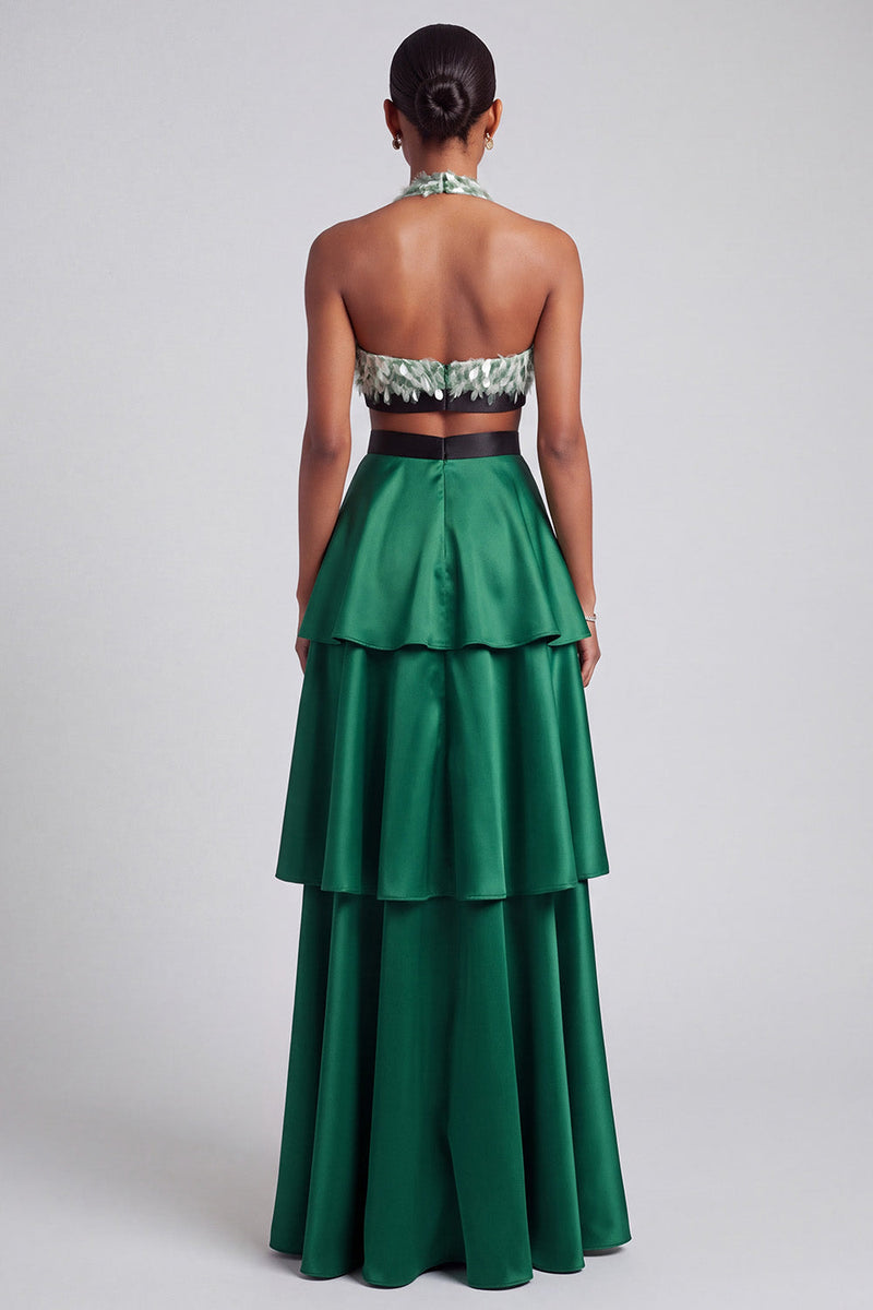 Laden Sie das Bild in den Galerie-Viewer, Dunkelgrünes A-Linie Halter Gestuftes Gerüschtes Satin Ballkleid mit Fransen und Schleife