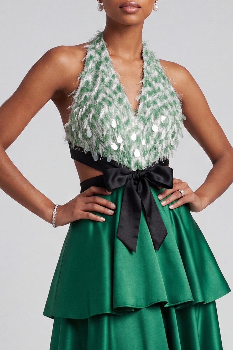 Laden Sie das Bild in den Galerie-Viewer, Dunkelgrünes A-Linie Halter Gestuftes Gerüschtes Satin Ballkleid mit Fransen und Schleife
