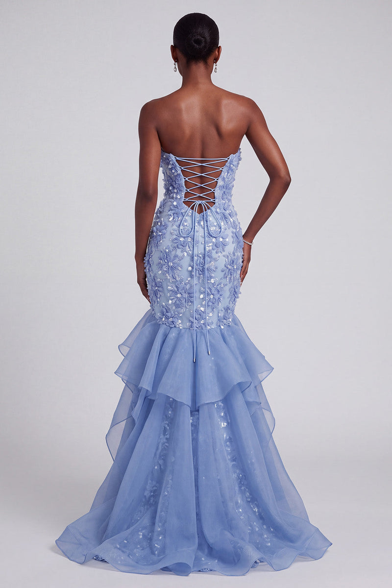 Laden Sie das Bild in den Galerie-Viewer, Blaues Meerjungfrauen Trägerloses Gerüschte Blumenapplikationen Organza Abschlussballkleid mit Schleife