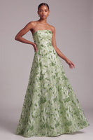 Laden Sie das Bild in den Galerie-Viewer, Grünes A-Linie Trägerloses Pailletten Floral Besticktes Abschlussballkleid mit Schnürung