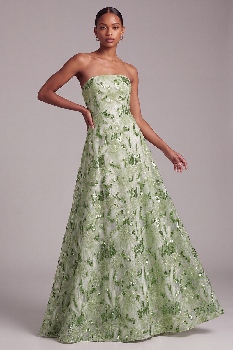 Laden Sie das Bild in den Galerie-Viewer, Grünes A-Linie Trägerloses Pailletten Floral Besticktes Abschlussballkleid mit Schnürung