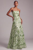 Laden Sie das Bild in den Galerie-Viewer, Grünes A-Linie Trägerloses Pailletten Floral Besticktes Abschlussballkleid mit Schnürung