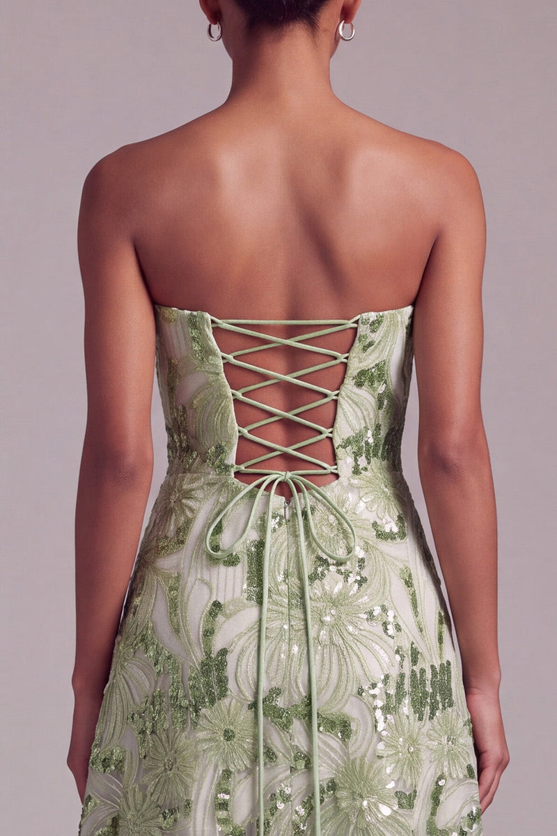 Laden Sie das Bild in den Galerie-Viewer, Grünes A-Linie Trägerloses Pailletten Floral Besticktes Abschlussballkleid mit Schnürung