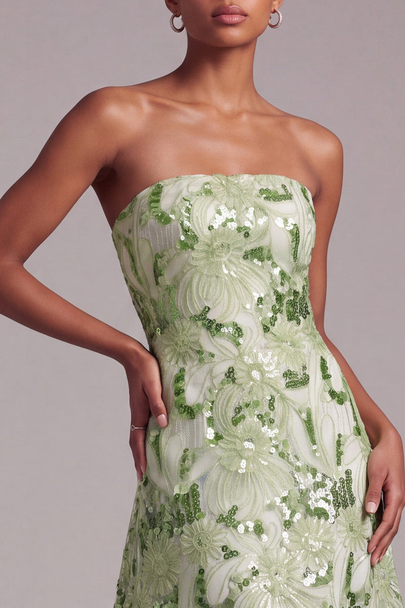 Laden Sie das Bild in den Galerie-Viewer, Grünes A-Linie Trägerloses Pailletten Floral Besticktes Abschlussballkleid mit Schnürung