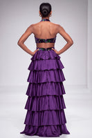 Laden Sie das Bild in den Galerie-Viewer, Lila Neckholder Cut-out Gestuftes Gerüschtes Satin Samt Langes Ballkleid mit Schlitz
