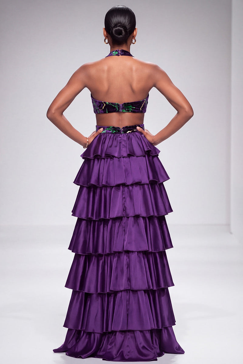 Laden Sie das Bild in den Galerie-Viewer, Lila Neckholder Cut-out Gestuftes Gerüschtes Satin Samt Langes Ballkleid mit Schlitz
