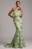 Laden Sie das Bild in den Galerie-Viewer, Grünes Meerjungfrauen Trägerloses Langes Abschlussballkleid mit Rüschen und Pailletten