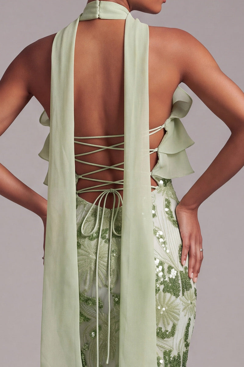 Laden Sie das Bild in den Galerie-Viewer, Grünes Meerjungfrauen Trägerloses Langes Abschlussballkleid mit Rüschen und Pailletten