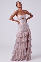 Laden Sie das Bild in den Galerie-Viewer, Blush Pailletten Trägerloses Gestuftes Rüschendes Schlüsselloch Langes Ballkleid mit seitlichem Schlitz