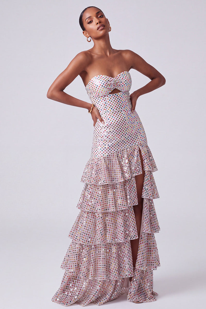 Laden Sie das Bild in den Galerie-Viewer, Blush Pailletten Trägerloses Gestuftes Rüschendes Schlüsselloch Langes Ballkleid mit seitlichem Schlitz