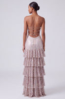 Laden Sie das Bild in den Galerie-Viewer, Blush Pailletten Trägerloses Gestuftes Rüschendes Schlüsselloch Langes Ballkleid mit seitlichem Schlitz
