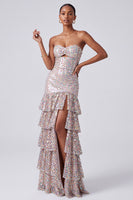 Laden Sie das Bild in den Galerie-Viewer, Blush Pailletten Trägerloses Gestuftes Rüschendes Schlüsselloch Langes Ballkleid mit seitlichem Schlitz