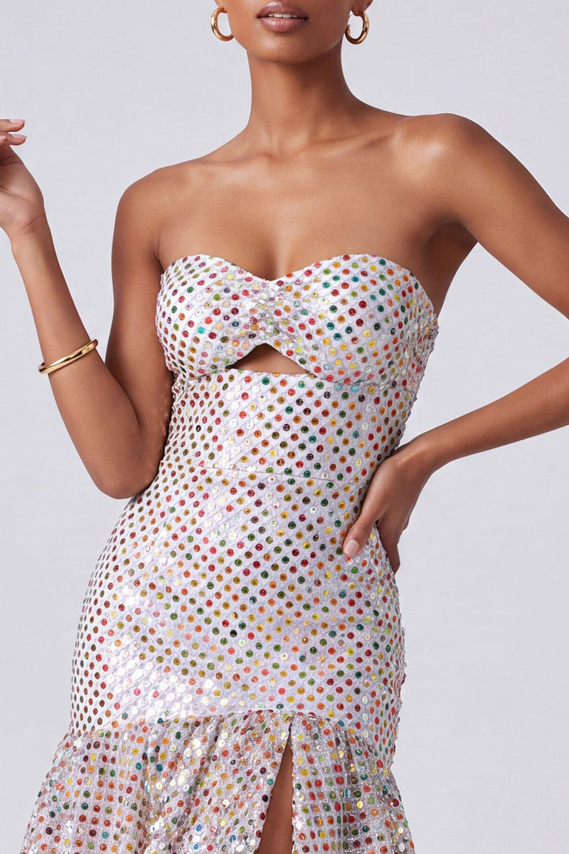 Laden Sie das Bild in den Galerie-Viewer, Blush Pailletten Trägerloses Gestuftes Rüschendes Schlüsselloch Langes Ballkleid mit seitlichem Schlitz