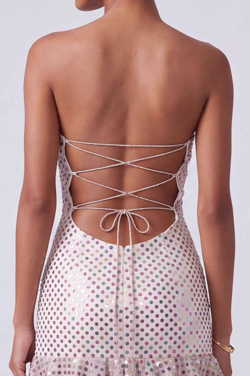 Laden Sie das Bild in den Galerie-Viewer, Blush Pailletten Trägerloses Gestuftes Rüschendes Schlüsselloch Langes Ballkleid mit seitlichem Schlitz