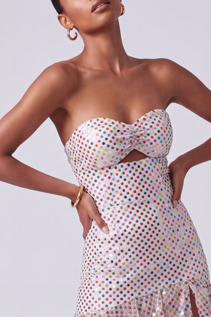 Laden Sie das Bild in den Galerie-Viewer, Blush Pailletten Trägerloses Gestuftes Rüschendes Schlüsselloch Langes Ballkleid mit seitlichem Schlitz