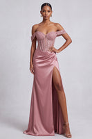 Laden Sie das Bild in den Galerie-Viewer, Staubiges Rosa Korsett Satin Sheath Pailletten Langes Abschlussballkleid mit Perlen