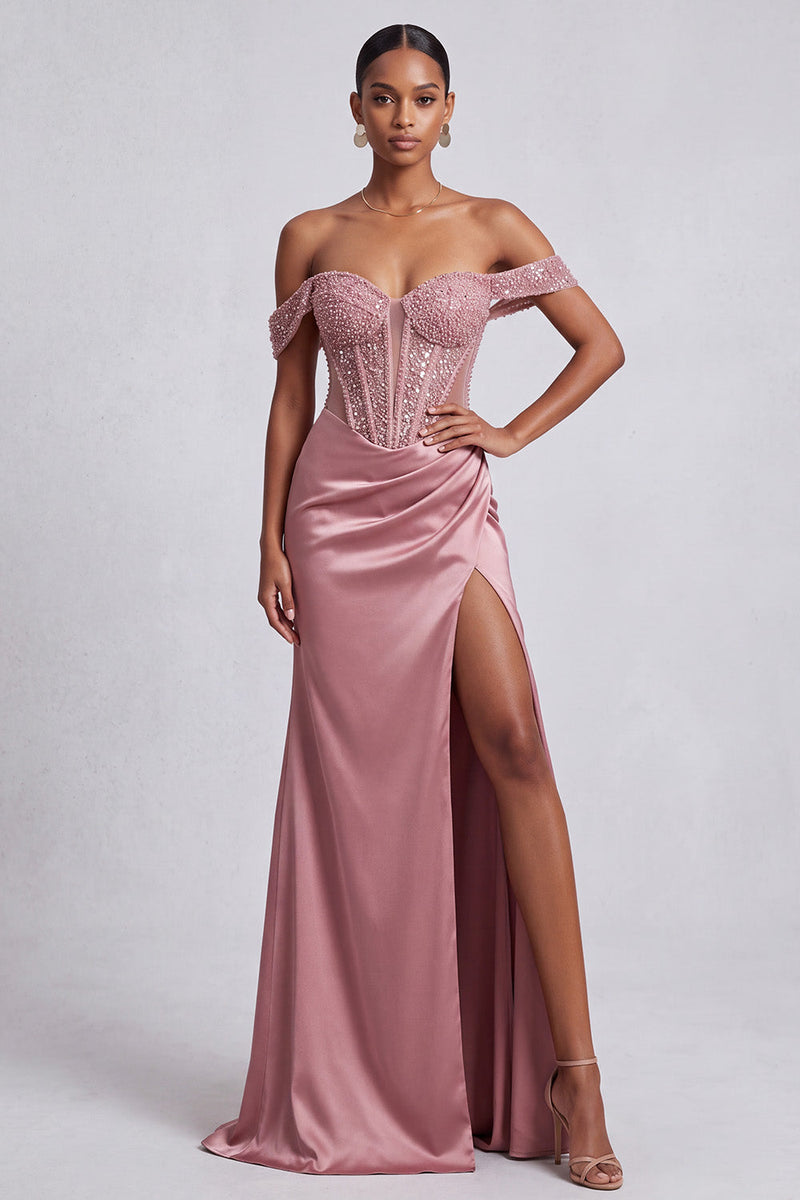 Laden Sie das Bild in den Galerie-Viewer, Staubiges Rosa Korsett Satin Sheath Pailletten Langes Abschlussballkleid mit Perlen