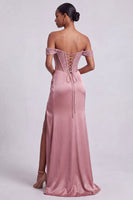 Laden Sie das Bild in den Galerie-Viewer, Staubiges Rosa Korsett Satin Sheath Pailletten Langes Abschlussballkleid mit Perlen