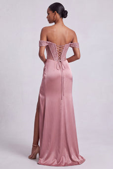 Staubiges Rosa Korsett Satin Sheath Pailletten Langes Abschlussballkleid mit Perlen
