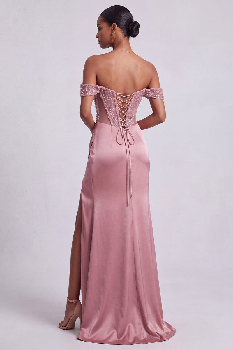 Laden Sie das Bild in den Galerie-Viewer, Staubiges Rosa Korsett Satin Sheath Pailletten Langes Abschlussballkleid mit Perlen