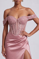Laden Sie das Bild in den Galerie-Viewer, Staubiges Rosa Korsett Satin Sheath Pailletten Langes Abschlussballkleid mit Perlen