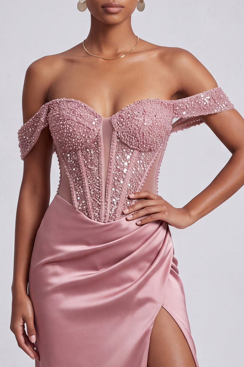 Laden Sie das Bild in den Galerie-Viewer, Staubiges Rosa Korsett Satin Sheath Pailletten Langes Abschlussballkleid mit Perlen