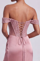 Laden Sie das Bild in den Galerie-Viewer, Staubiges Rosa Korsett Satin Sheath Pailletten Langes Abschlussballkleid mit Perlen
