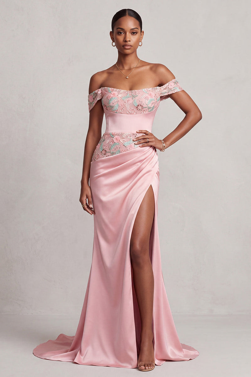 Laden Sie das Bild in den Galerie-Viewer, Rosa Schulterloses Gerafftes Satin Langes Abschlussballkleid mit Schlitz
